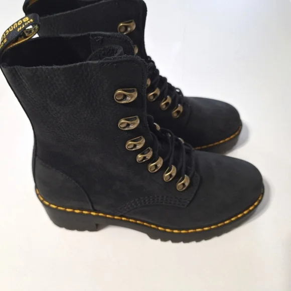 💎NWOB Dr. Martens "Leona" Black Suede Combat Heeled Boots - Picture 11 of 16